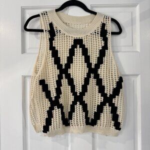 Boho Crochet Knit Tank | Black & Cream | Open Knit | Side Slits | Size S